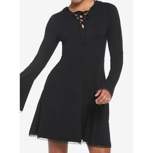 Black Lace-Up Front Hooded Dress